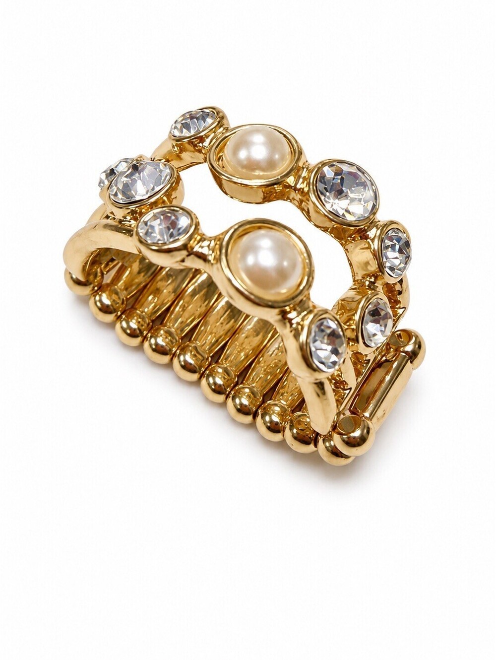 Gold Tone Stretch Ring Faux Pearl Clear Rhinestone Statement Cocktail Sz 9
